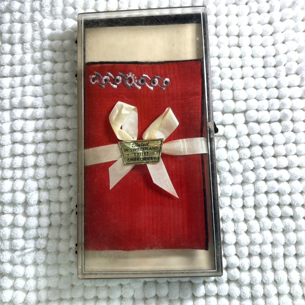 Vtg Embroidered Mens Handkerchief Styled In Switzerland Red Black Gray in Box